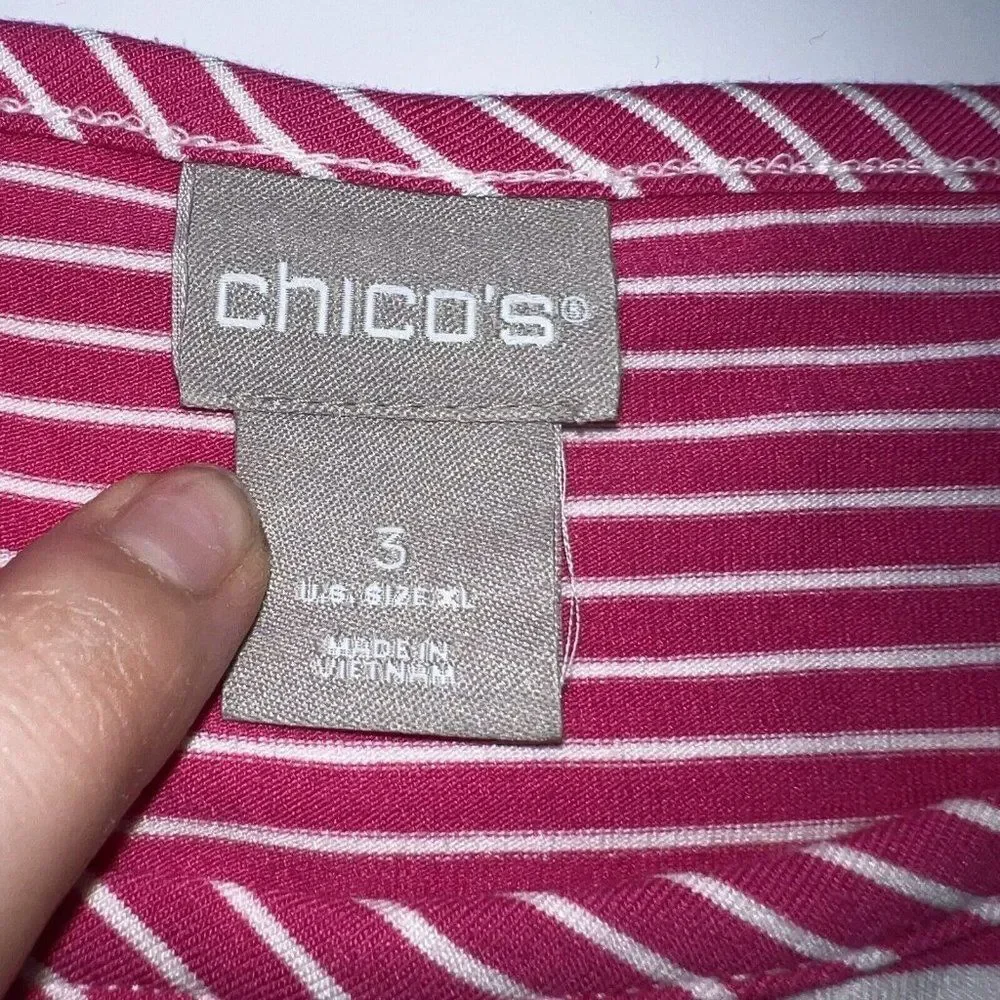 Chicos 3/4 Sleeve Blouse Top Women's 3 XL Pink White Striped V Neck Rayon